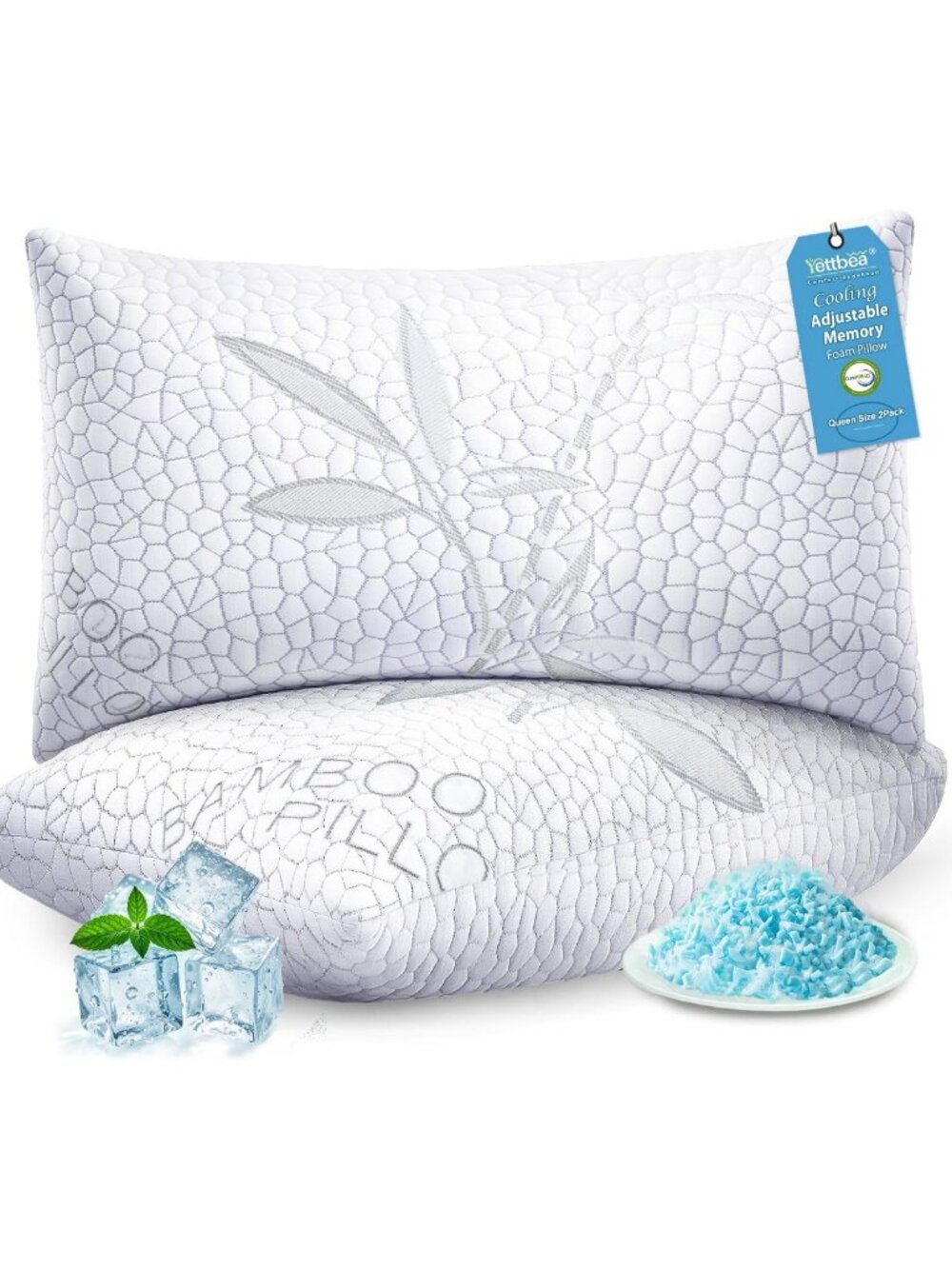 Cooling Shredded Memory Foam Pillows Set of 2 - Queen Size, Bamboo Cover